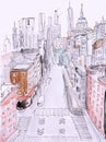 Watercolor painting of street view of New York, modern Artwork, American city, illustration New York.