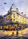 Watercolor Painting - Street View of Paris Royalty Free Stock Photo