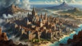 Watercolor painting: A stunning illustration of a sprawling, fantasy-inspired kingdom with diverse districts and a rich history,
