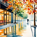 Watercolor painting style city street with cafe in the rain in the autumn