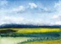 Watercolor painting of summer landscape with mountains, blue sky, clouds, green glade. Abstract hand painted background. Textured