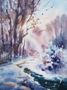 Watercolor painting of sunset in snowy forest. winter landscape painting with snow trees, river, sunlight through the Royalty Free Stock Photo