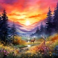 Watercolor painting of a surreal sunset scene in a vivid natural landscape