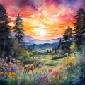 Watercolor painting of a surreal sunset scene in a vivid natural landscape