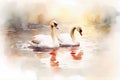 Watercolor painting of surrounding the lake with a pair of white geese