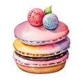 Watercolor and painting Sweet dessert pink Macaron or Macaroon cream cookie with candy topping Royalty Free Stock Photo