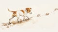Watercolor painting of a tan and white puppy with paw prints. Artistic rendition of a dog in motion. Concept of playful Royalty Free Stock Photo