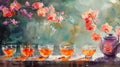 Watercolor painting of a tea service and flowers. Colorful tea glasses and teapot set amongst blooming flowers. Concept Royalty Free Stock Photo