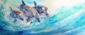 Watercolor painting of three dolphins in turquoise sea water. Panorama. Banner. Copy space. Royalty Free Stock Photo