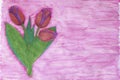 Watercolor painting three red tulips with purple border