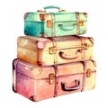 Watercolor Painting of Three Retro Vintage Suitcases