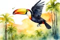 Watercolor painting of toucan flying in the forest, green vegetation.