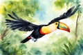 Watercolor painting of toucan flying in the forest, green vegetation.