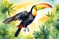 Watercolor painting of toucan flying in the forest, green vegetation.