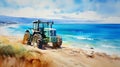 Watercolor Painting Of Tractor On Beach With Blue Ocean