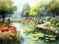 watercolor painting of a tranquil garden pond