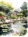 watercolor painting of a tranquil garden pond