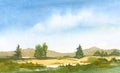 Watercolor painting tranquil landscape with hills, firs, blue sky with clouds, green grass