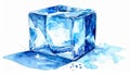 Watercolor Painting of a Translucent Blue Ice Cube on White Background Royalty Free Stock Photo