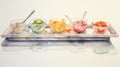 A watercolor painting of a tray with different types of food, AI