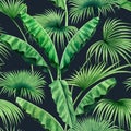 Watercolor painting tree ,banana,palm leaves seamless pattern on dark background.Watercolor hand drawn illustration tropical exoti