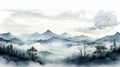 Watercolor Painting Of Trees And Fog In Mountainous Vistas