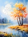 Watercolor Painting Of Trees And A River With Birds Flying In The Sky