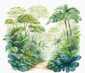 Watercolor painting of a tropical forest path with a tropical forest in the background