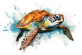 Watercolor painting of a turtle on a white background. Wildlife Animals. Illustration, generative AI