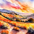 Watercolor painting of Tuscan landscape, Tuscany, Italy