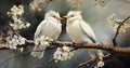 watercolor painting of two beautiful white birds on tree\'s branch Royalty Free Stock Photo