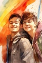 Watercolor painting of Two happy gays with lgbt flags on gay parade