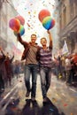 Watercolor painting of Two happy gays with lgbt flags on gay parade