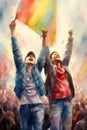 Watercolor painting of Two happy gays with lgbt flags on gay parade