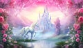 Watercolor painting of a unicorn surrounded with Pink roses and greenery Hd Wallpaper easy to print Royalty Free Stock Photo