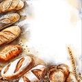 Watercolor painting of a variety of breads with white space.