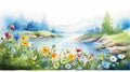 Playful Watercolor Illustration Of Beautiful Flowers On A Lake