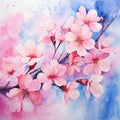 Watercolor painting of vibrant spring blossoms in a serene landscape