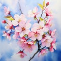 Watercolor painting of vibrant spring blossoms in a serene landscape