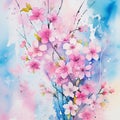 Watercolor painting of vibrant spring blossoms in a serene landscape