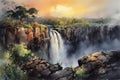 Watercolor painting of Victoria Falls on the Zambezi River. Generative AI.