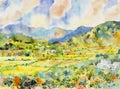 Watercolor painting of village, mountain and meadow Royalty Free Stock Photo