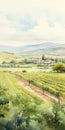 Watercolor Painting Of Vineyard Fields And Rolling Hills