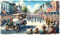 A watercolor painting of a vintage coupe as it takes part in a independence day parade. Concept 4th of July