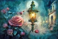 Watercolor painting of a vintage street lamp with roses on the background of the old city. Night scenery. Generative ai Royalty Free Stock Photo