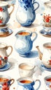 Watercolor painting of vintage teacups and pitchers on a white background Royalty Free Stock Photo