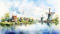 Delta Of Netherlands: Watercolor Illustration Of Windmills And Small Houses On A River