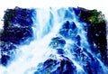 Watercolor painting of waterfall in blue shades, digital art illustration