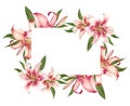 Beautiful pink lily floral photo frame. Bouquet of flowers. Floral print. Marker drawing.