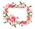 Beautiful pink lily floral photo frame. Bouquet of flowers. Floral print. Marker drawing.